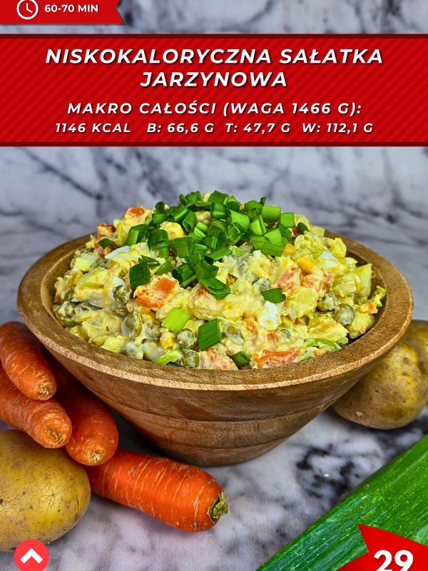 Sałatka jarzynowa w lżejszej wersji, z mniejszą ilością kalorii i tłuszczu.