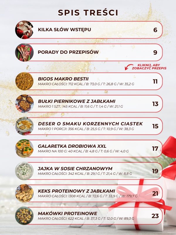 Pierwsza strona spisu treści e-booka "Świąteczne Przepisy – i makro się zgadza!" z listą fit dań świątecznych.