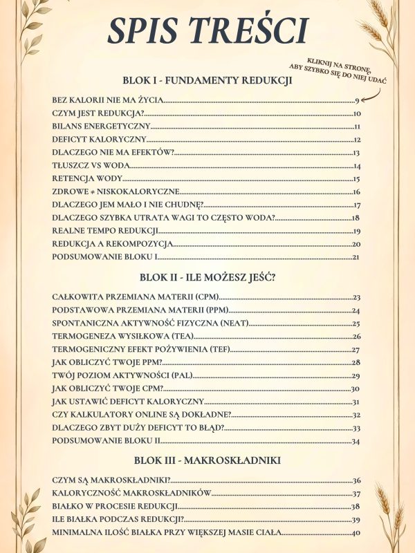 Spis treści e-booka Redukcja bez chaosu – plan redukcji, kalorie, makroskładniki i deficyt