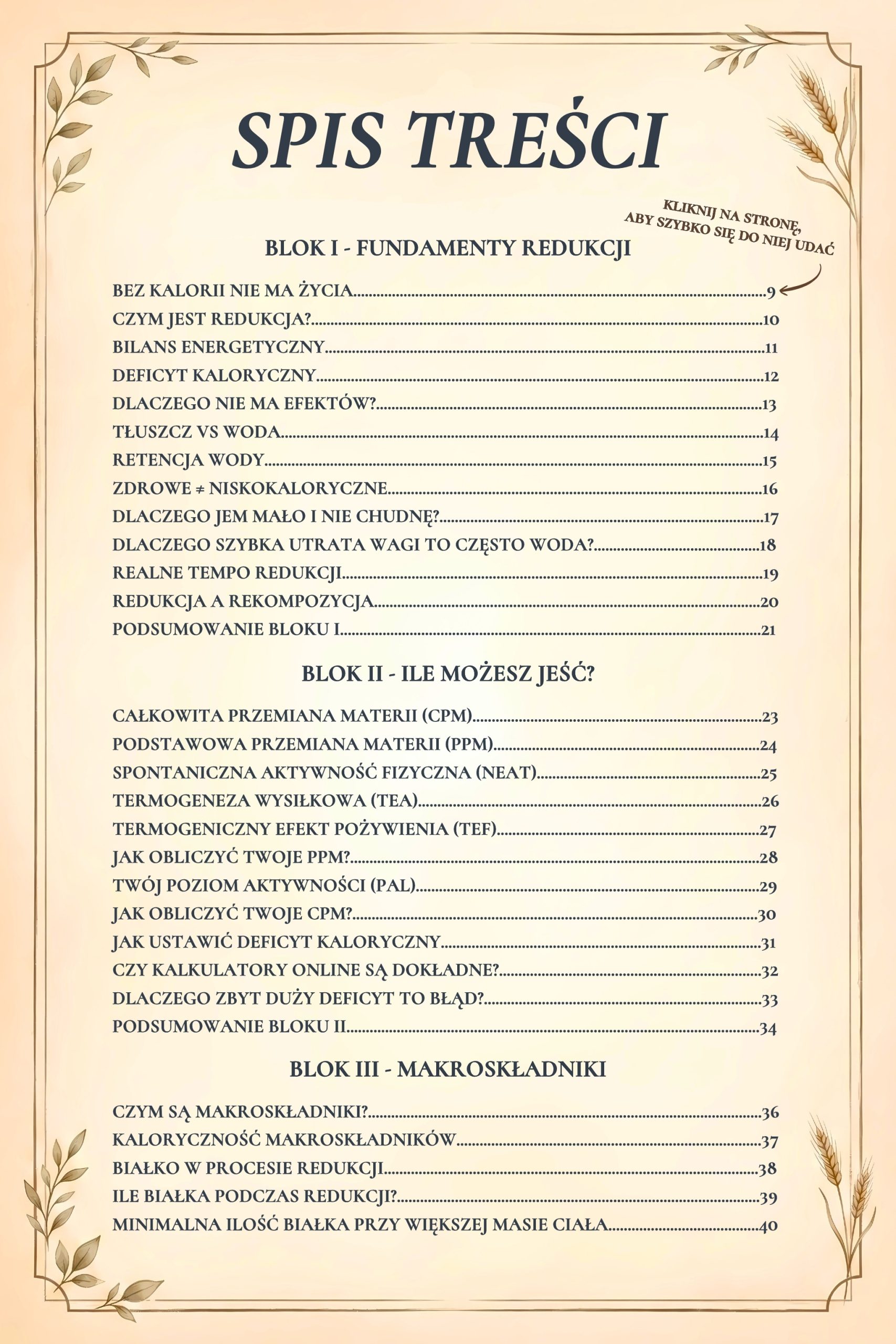 Spis treści e-booka Redukcja bez chaosu – plan redukcji, kalorie, makroskładniki i deficyt