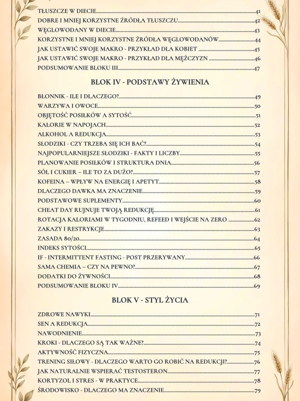 Spis treści e-booka o redukcji – makroskładniki, dieta, nawyki, trening i styl życia