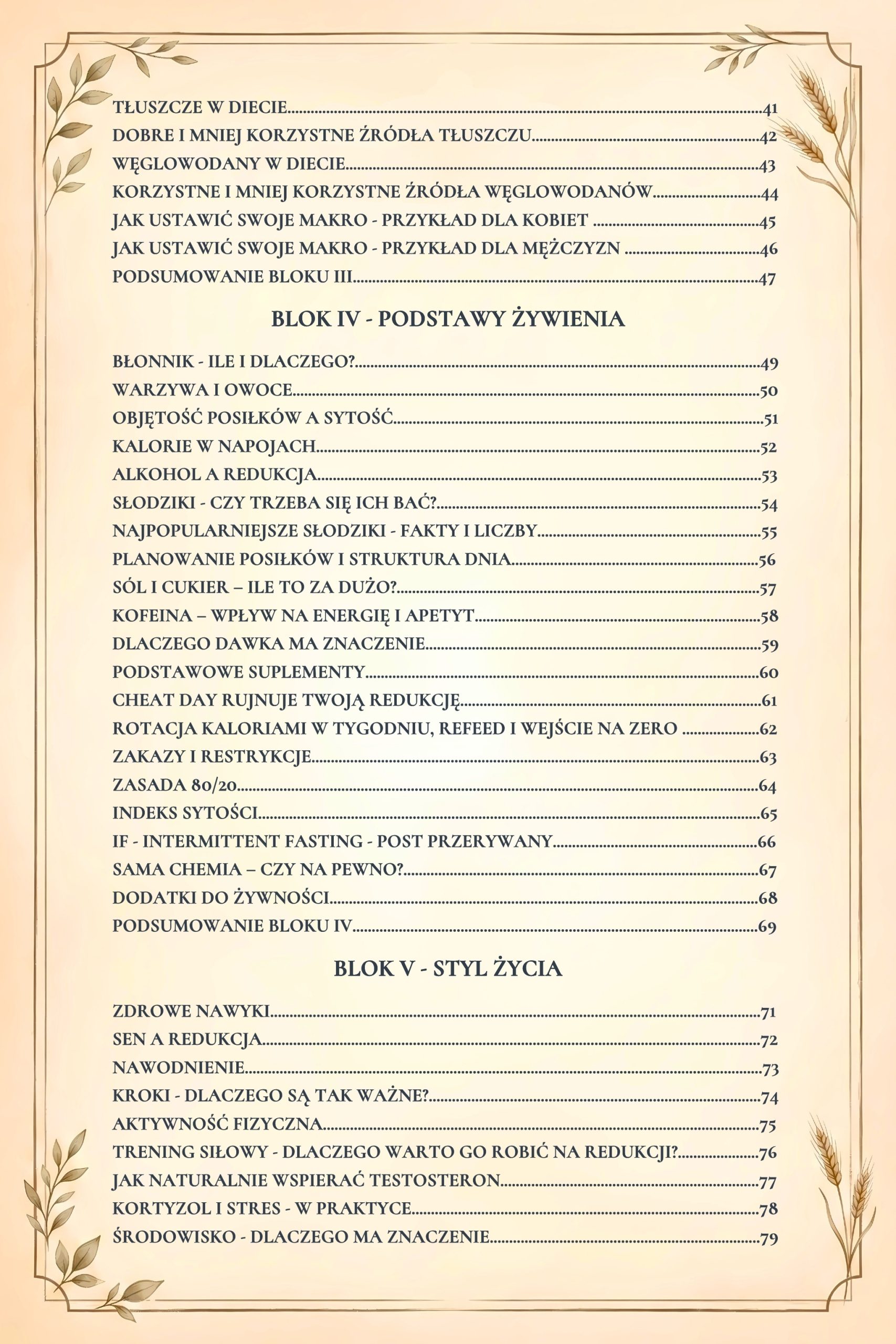 Spis treści e-booka o redukcji – makroskładniki, dieta, nawyki, trening i styl życia