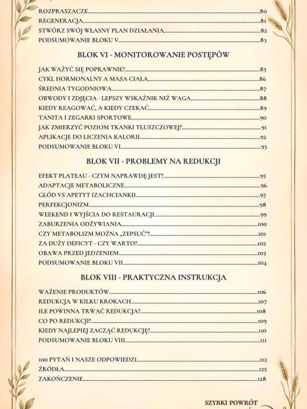 Spis treści e-booka redukcja – plateau, brak efektów, monitoring postępów i plan działania